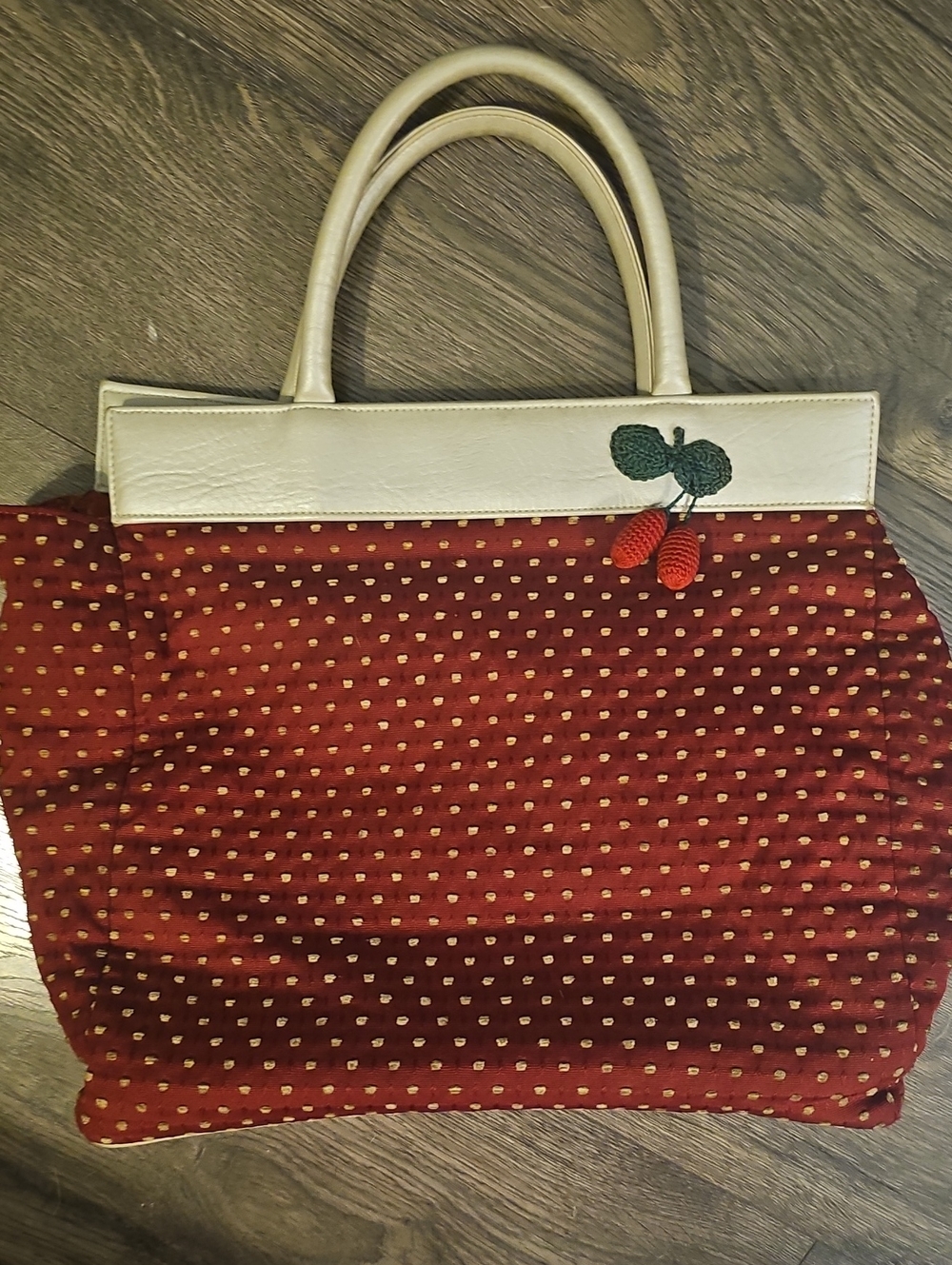 Vintage Red Shoulder Bag Tan Polka Dots Trim Cherry Accent Paint The Lily Purse
